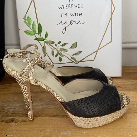 Bettye Muller Platform Peep Toe Snakeskin‎ Heels size 9.5 Black New - Picture 3 of 11